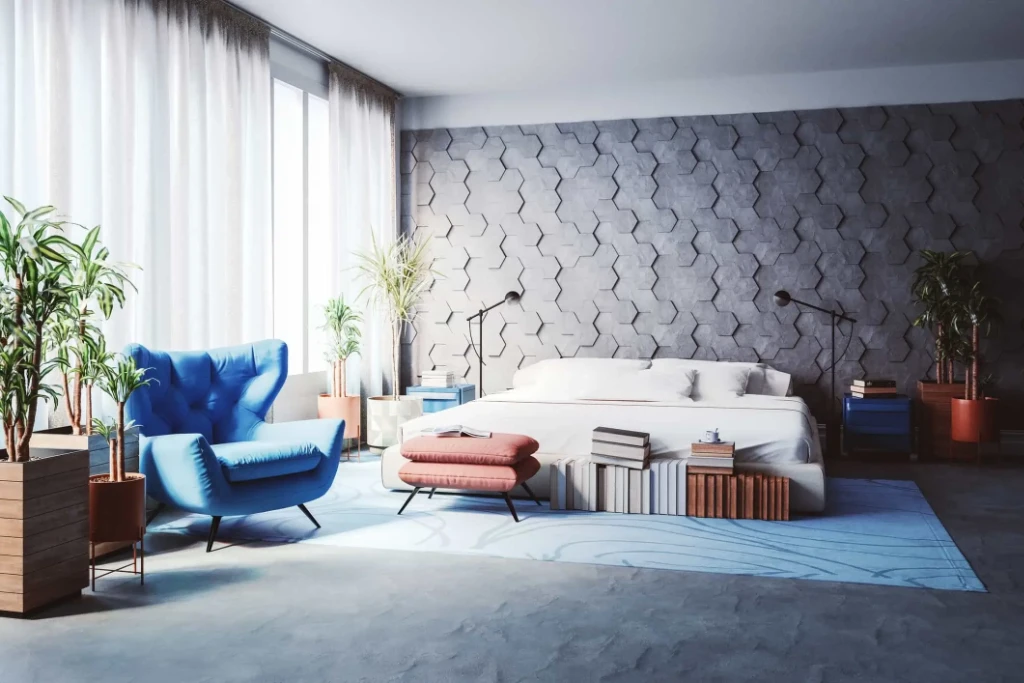 Modern bedroom with geometric wall, part of high-end rental managed under landlord services Bristol.